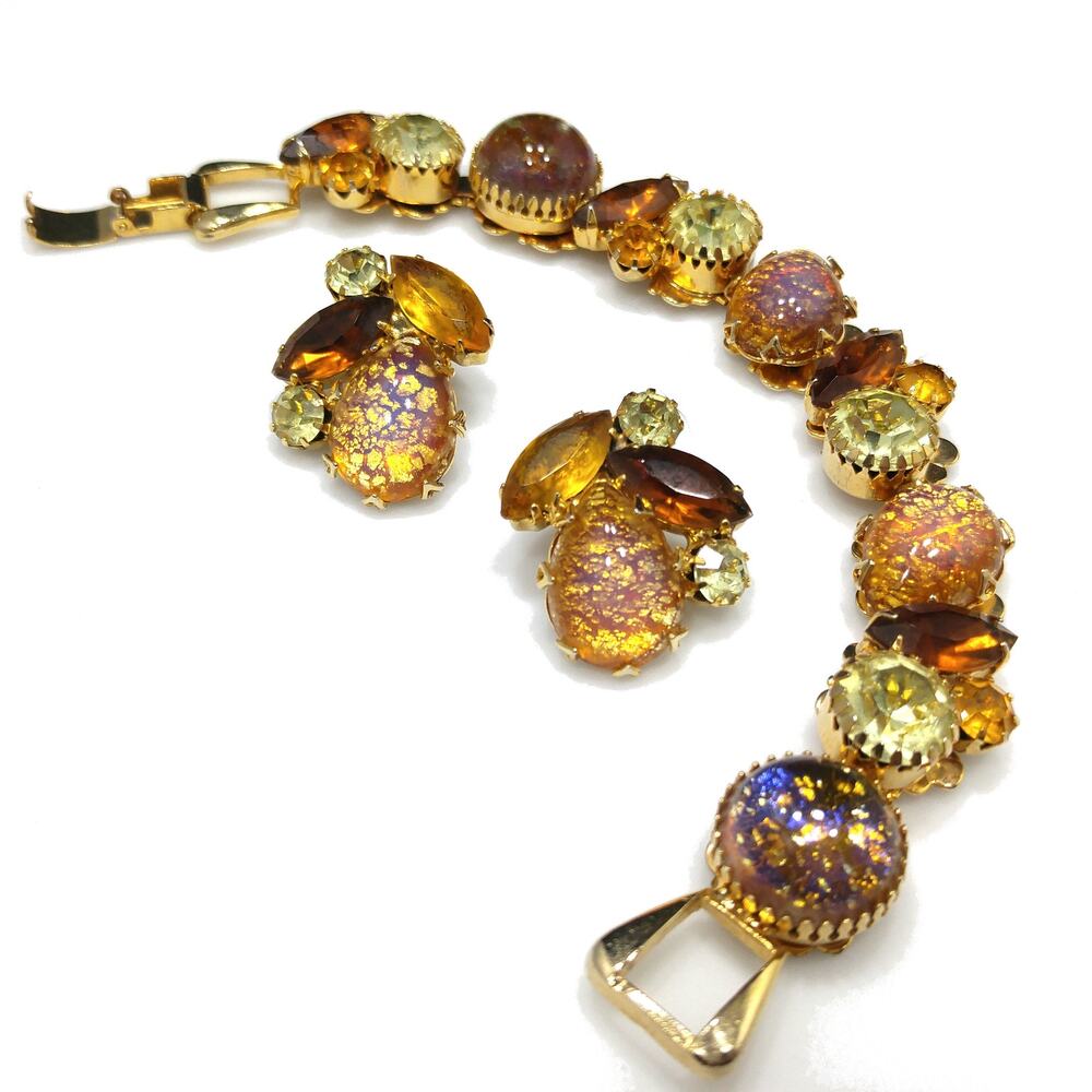 Gold Foil Faux Opal Rhinestone Bracelet & Earrings, Topaz Jonquil Rhinestones